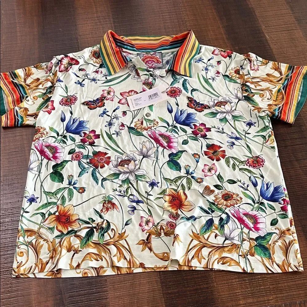 Johnny Was Kids Floral Button Down Shirt with Striped Collar
